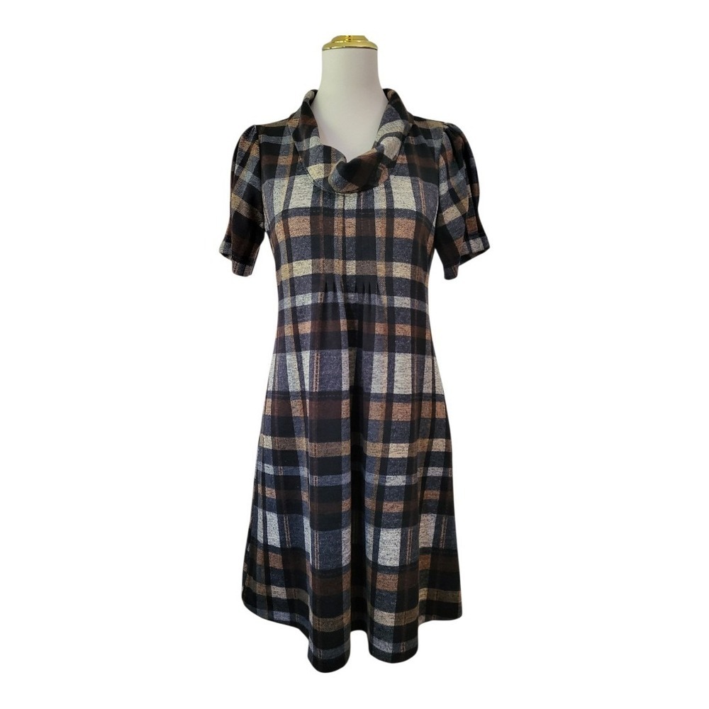 💕Christopher & Banks Plaid Cowl Neck Shift Dress 8 Black Brown Gray Pleated